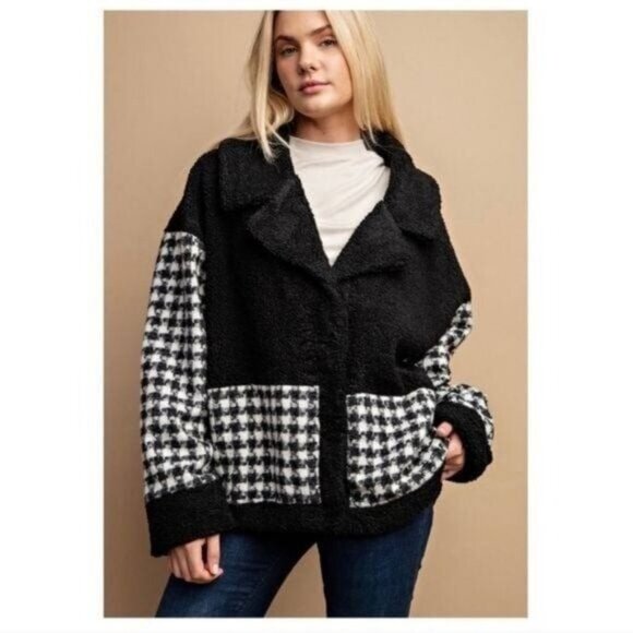 Solid Cozy Teddy and Houndstooth Mixed Jacket with Snap Buttons-NEW-SIZE: MEDIUM - Picture 2 of 3
